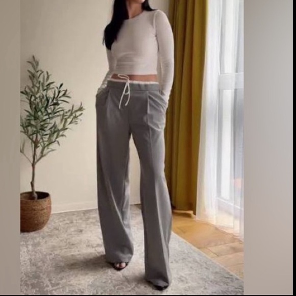 Zara Wide-Leg Light Gray Double Waisted Drawstring Pants - Picture 4 of 15